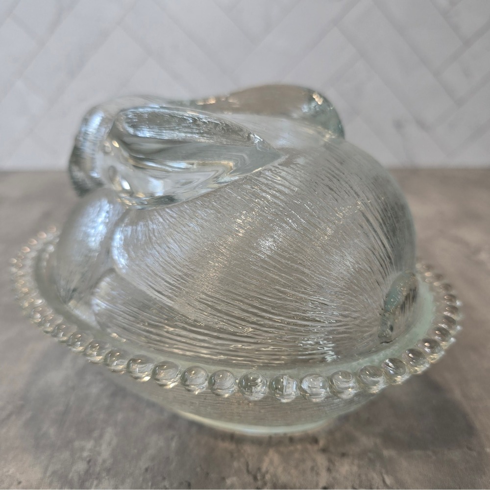 Vintage Bunny on Nest Clear Pressed Glass Candy Dish Beaded Rim Easter - Picture 3 of 12